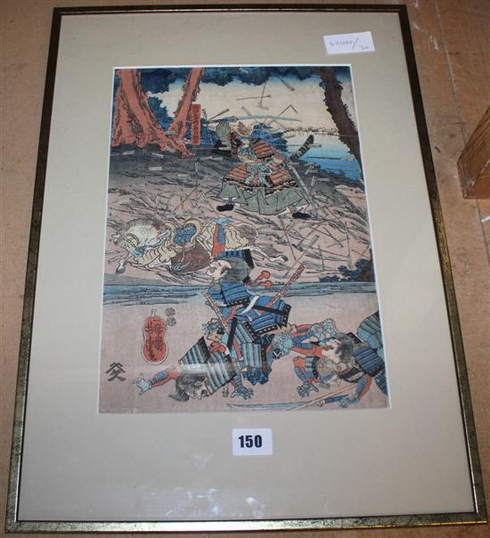 Coloured Japanese print of warriors